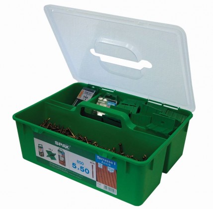 SPAX Box Terrase, 850 vis a bois 5x50 cylindre TXS, A2 inox, C, antique + access