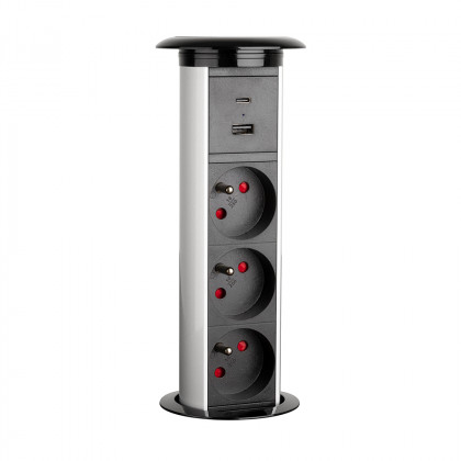 StrongPower prise rétractable électrique 3x 230V FR USB A+C, charge sans fil arg
