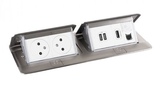 LEGRAND Pop-up double, 2x 230V, USB A+A alim, 1x RJ45, HDMI, inox