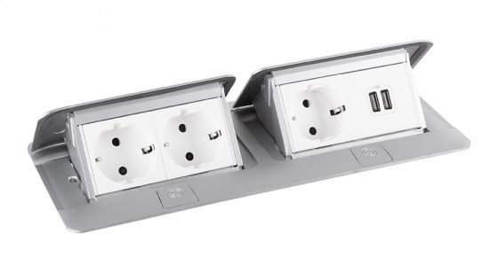 LEGRAND Pop-up double, 3x 230V, USB A+A alim, alu, schuko