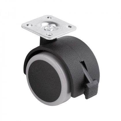 StrongCastors roue avec bande de roulement souple O50mm avec plaque et frein gri