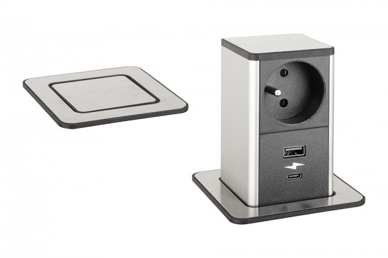 StrongPower PowerUp tiroir, 1x230V, Français, USB A+C, inox