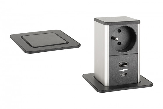 StrongPower PowerUp tiroir, 1x230V, française, chargeur USB A+C, noir