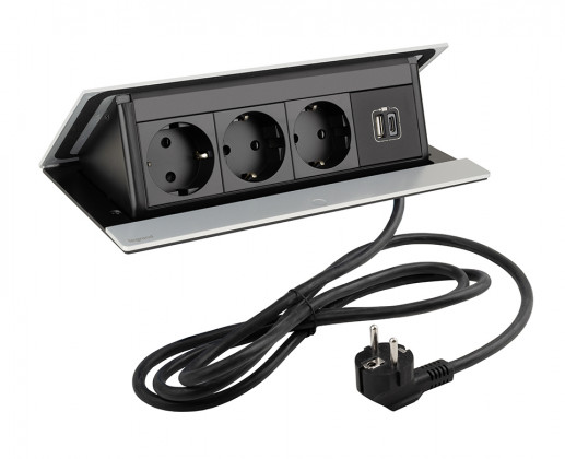 LEGRAND prise électrique PopUp, 3x 230V, Schuko, 1x USB A+C, alu anodisé