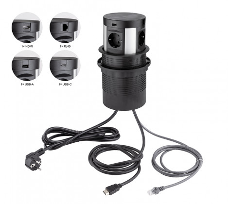 StrongPower Tiroir él. coulissant,4x230V, Schuko RJ45, USB A+C, HDMI, sans charg