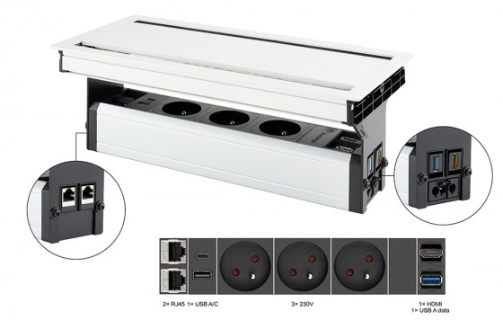 VersaFlap dual 2.0 prise électrique 3x 230V FR RJ45 HDMI USB A/C + data, blanc VersaFlap dual 2.0 prise électrique 3x 230V FR RJ45 HDMI USB A/C + data, blanc