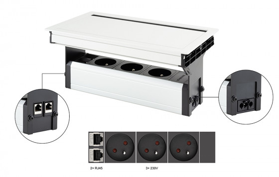 VersaFlap Mono 2.0 prise électrique 3x 230V, FR, RJ45, blanc mat