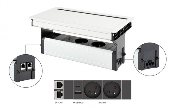 VersaFlap Mono 2.0 prise électrique 2x 230V, FR, RJ45, USB A/C, blanc mat
