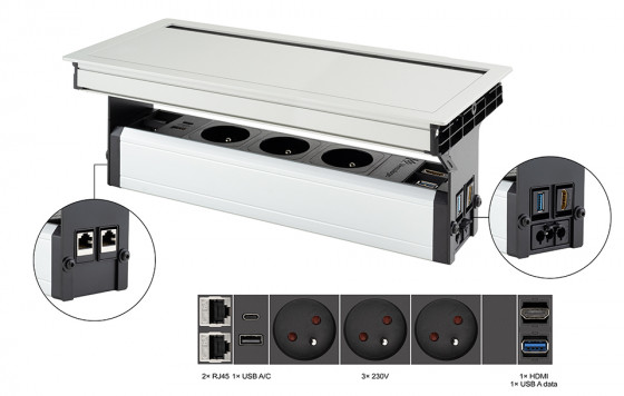 VersaFlap Mono 2.0 prise électrique 3x 230V FR RJ45 HDMI USB A/C + data alu