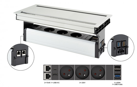 VersaFlap dual 2.0 prise électrique 3x 230V FR RJ45 HDMI USB A/C + data alu