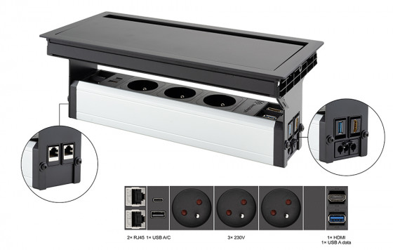 VersaFlap Mono 2.0 prise électrique 3x 230V, FR RJ45 HDMI USB A/C + data noir VersaFlap Mono 2.0 prise électrique 3x 230V, FR RJ45 HDMI USB A/C + data noir