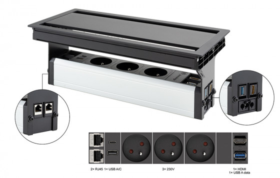 VersaFlap dual 2.0 prise électrique 3x 230V FR RJ45 HDMI USB A/C + data, noir
