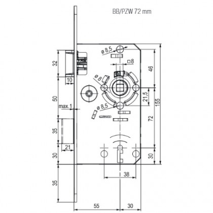 TWIN Serrure a encastrer, gâche métallique, verrou BB, entraxe 72 mm, droit