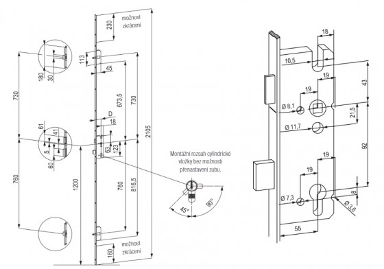 TWIN B2-serrure multipoints avec tenons (3-points)