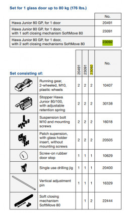 HAWA 23092 Junior 80 GP ensemble de ferrures pour portes en verre 80kg 2x amorti