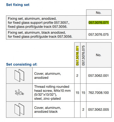 HAWA 057.3076.071 ensemble de fixation pour profil porteur verre / profil guide