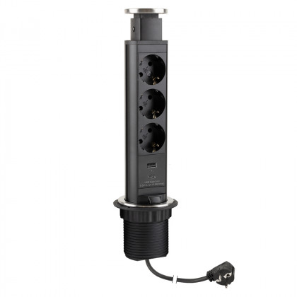 StrongPower Prise électrique coulissante, 3x 230V Schuko, USB A+C, noir