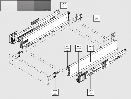 K-BLUM ensemble Merivobox 450mm/70kg Indium gris IG-M Inserta