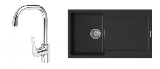 StrongSinks évier granit Zala 860x500 noir + robinet Garonne U, chrome