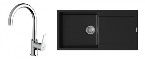 StrongSinks évier granit Zala 1000x500 noir + robinet Rhona chromé