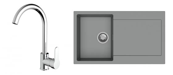 StrongSinks S3 évier granit Zala 860x500mm gris + robinet Seina chromé