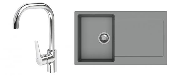 StrongSinks évier granit Zala 860x500 gris + robinet Garonne U, chromé