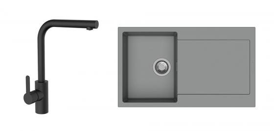 StrongSinks S3 évier granit Zala 860x500 gris + robinet Ipoly L noir mat