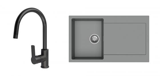 StrongSinks évier granit Zala 860x500 gris + robinet Loira noir mat