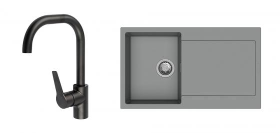 StrongSinks S3 évier granit Zala 860x500 gris + robinet Garonne U n. mat