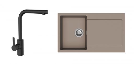 Évier granit Zala 860 brun avec égouttoir et robinet Ipoly L noir mat