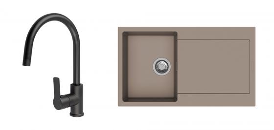 Évier granit Zala 860 brun + robinet Loira col arc noir mat