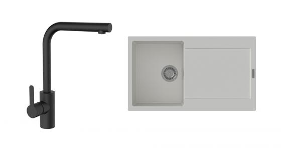 StrongSinks S3 Zala 860?×?500?mm évier granit blanc + robinet Ipoly L noir mat