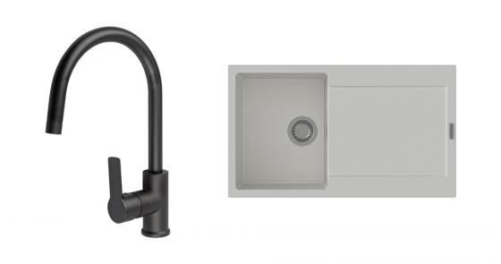 StrongSinks S3 évier granit Zala 860 blanc + robinet Loira noir mat