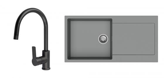StrongSinks S3 évier granit Zala 1000 gris + robinet Loira arc noir mat