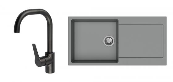 StrongSinks S3 évier granit Zala 1000 gris + robinet Garonne U noir mat