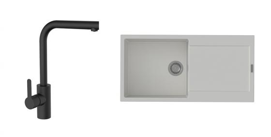 StrongSinks S3 évier granit Zala 1000 blanc + robinet Ipoly L noir mat