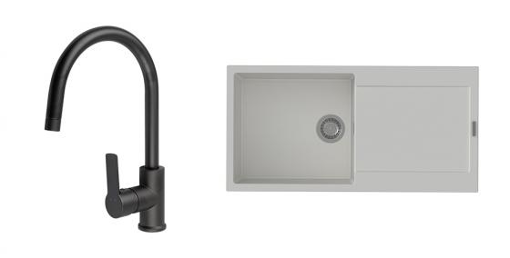 StrongSinks S3 évier granit Zala 1000 blanc + robinet Loira arc noir mat