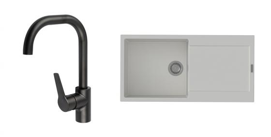StrongSinks S3 évier granit Zala 1000 blanc + robinet Garonne U noir mat