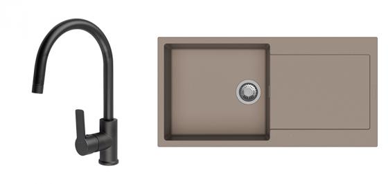 StrongSinks S3 évier granit Zala 1000 marron + robinet Loira arc noir mat