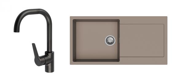 StrongSinks S3 évier granit Zala 1000 marron + robinet Garonne U noir mat