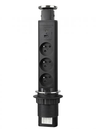 StrongPower bloc multiprise escamot, 3 prises 230 V type franc., USB A+C,noir