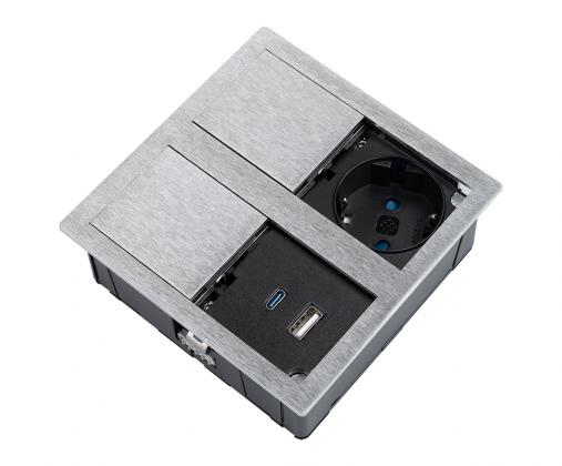 VersaHit Dual prise électrique 1x 230V Schuko, USB A/C 5V alu brossé