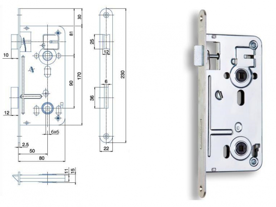 HOBES 540C serrure 90/80 WC 6X6 zinc blanc