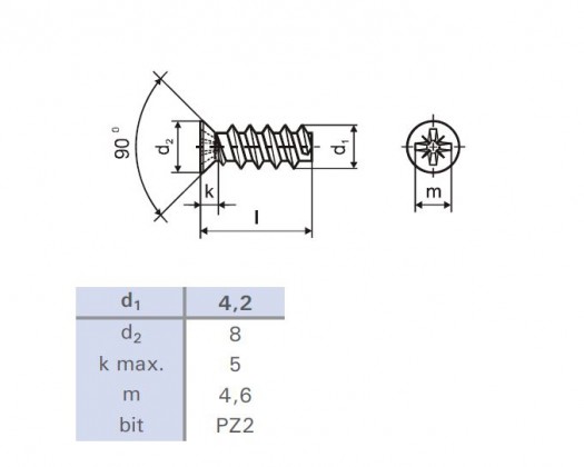 Vis euro 6,3x19/8 tete fraisée 8mm PZ2 zinc blanc