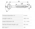 SPAX vis a bois 8x260/80mm tete fraisée TXS,W,4C MH filet partiel