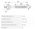 SPAX vis a bois 8x180/80mm tete fraisée TXS,W,4C MH filet partiel