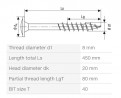 SPAX vis a bois 8x450/80 tete plate TXS, W, 4C, filetage partiel