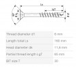 SPAX vis a bois 6x160/65 tete fraisée TXS,W,4C MH, filetage partiel