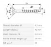 SPAX vis a bois 4,5x40/25 tete fraisée TXS,W,4C MH, filetage partiel