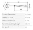 SPAX vis a bois M4,5x45/30mm tete fraisée TXS,W,C filetage partiel